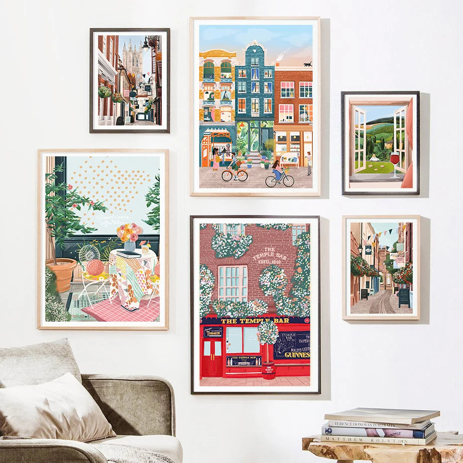 aquarelle art mural ville côtière saloon décor moderne - vue 3 sur 7
