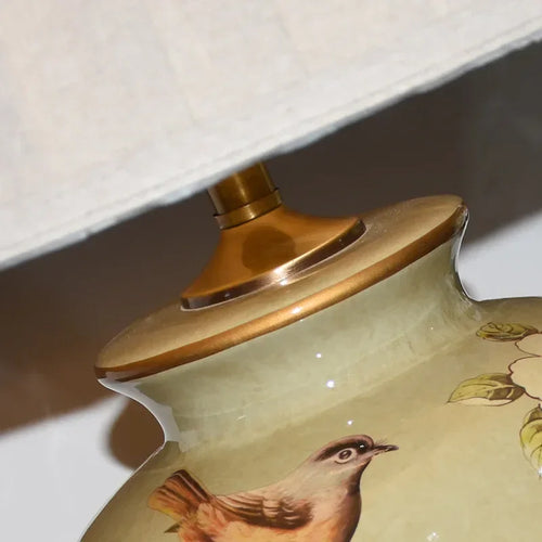 lampe de bureau nordique en céramique motif fleur et oiseau - vue 5 sur 9
