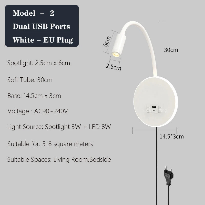 applique murale led moderne avec ports usb et interrupteur - vue 9 sur 22