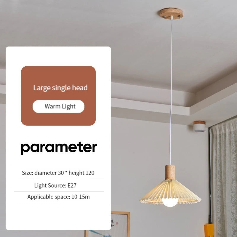 suspension moderne en tissu plissé avec base en bois - vue 11 sur 14