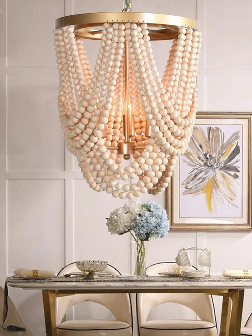 lustre rétro en perles de bois pour décoration intérieure - vue 4 sur 7