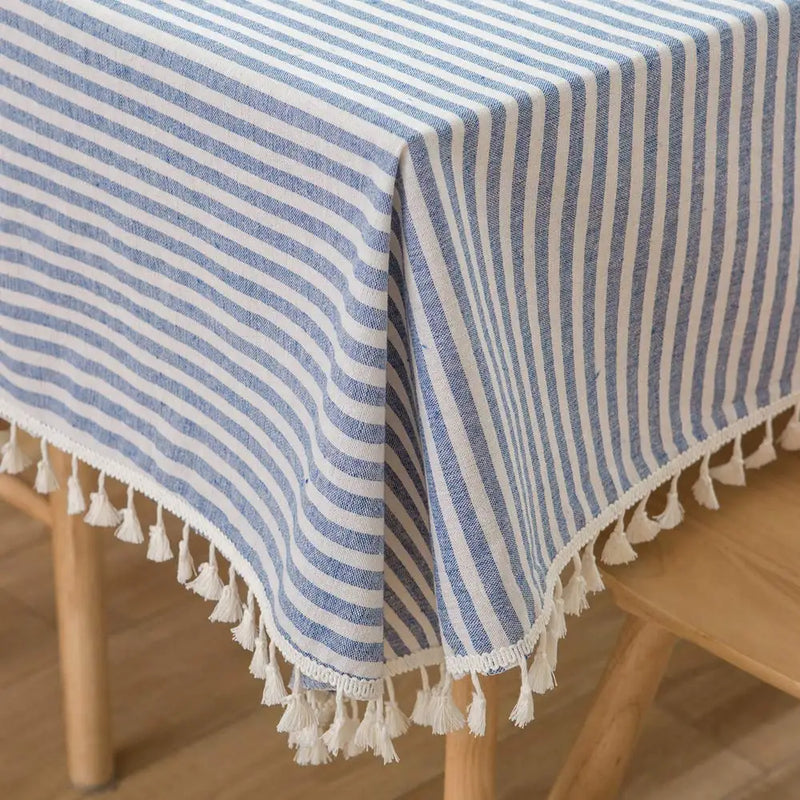Nappe coton lin rayures pompons style moderne table