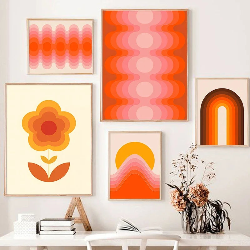 impressions d'art rétro avec coucher de soleil et motifs bohèmes