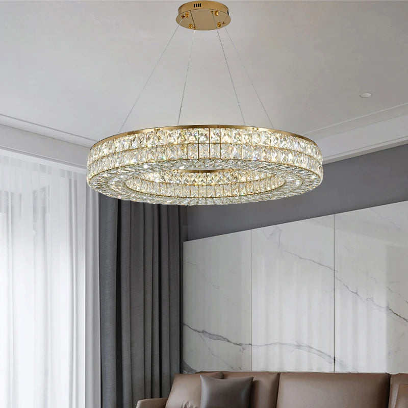 Lumière moderne luxe doré rond plafond lustre en cristal salon intérieur créatif anneau lumière LED lumineuse lustre - vue 5 sur 16