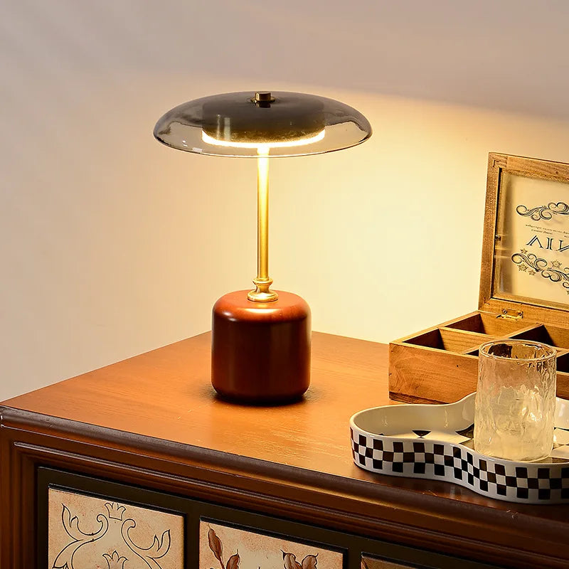lampe à poser rétro en verre bois et cuivre design artistique - vue 4 sur 8