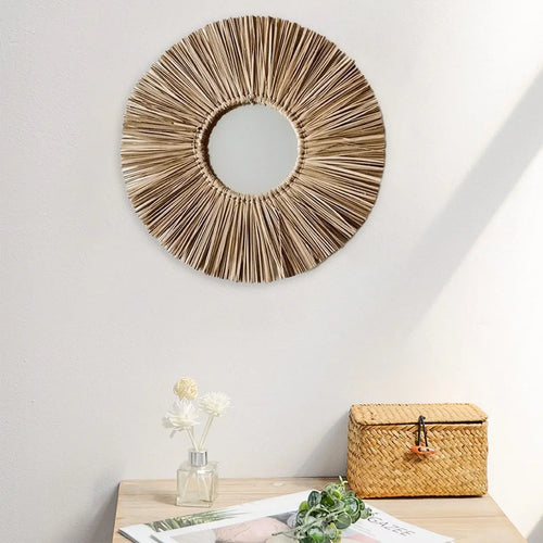 miroir mural rond en corde de paille fait main décoratif à suspendre - vue 7 sur 7