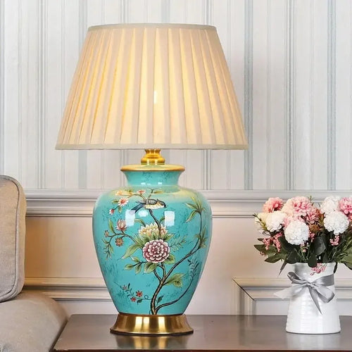 lampe de bureau nordique céramique motif fleur et oiseau - vue 2 sur 9