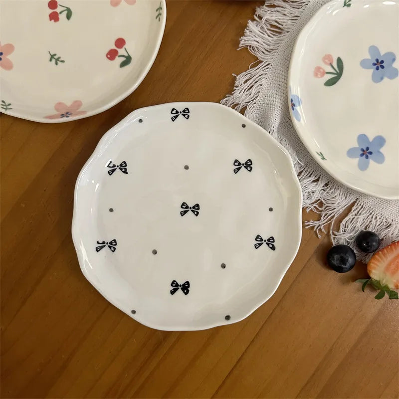 assiette a gateau ceramique style coreen motif floral