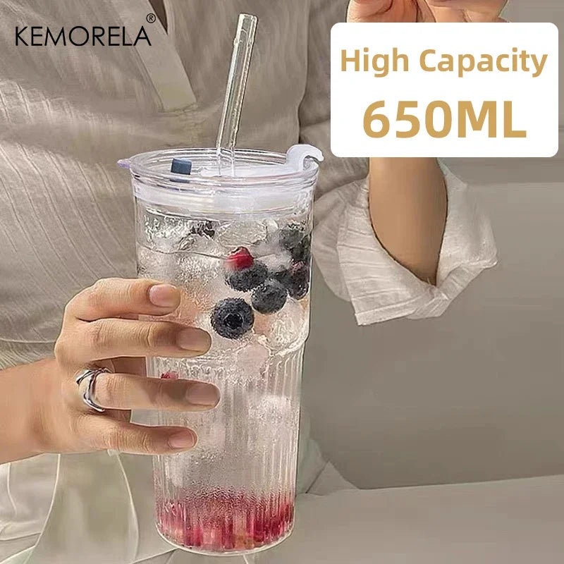 Gobelet verre rayé 600 ml avec couvercle paille - vue 3 sur 8
