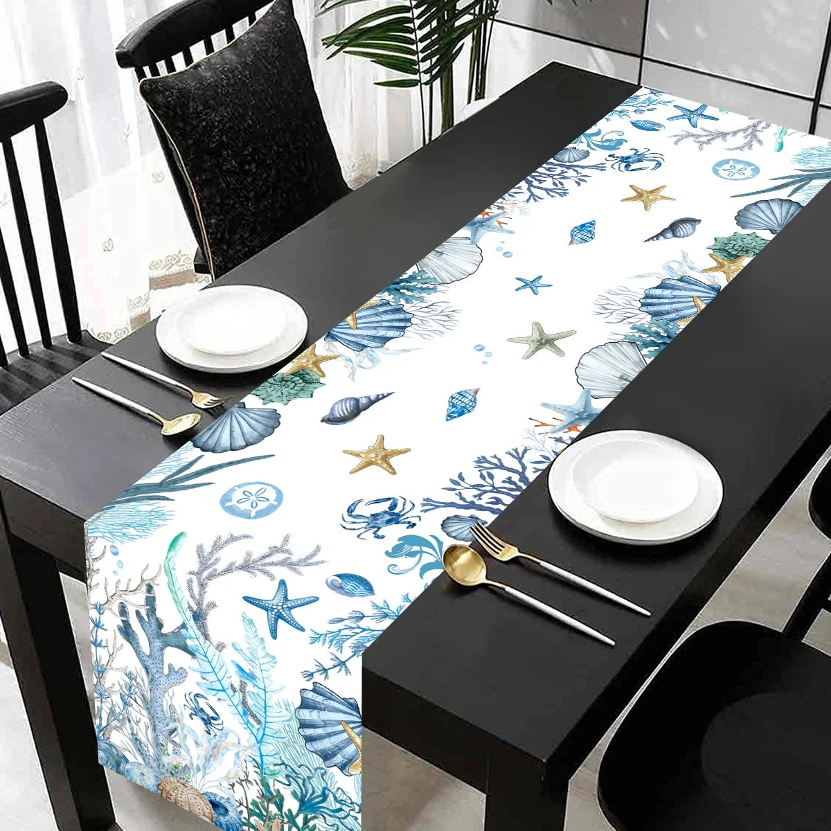 Chemin de table motif vie marine étoiles hippocampes - vue 6 sur 7