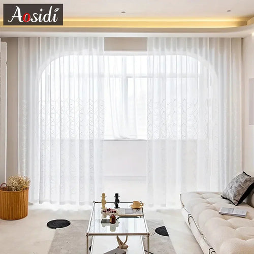 Voilage tulle brodé motifs géométriques rayés salon chambre