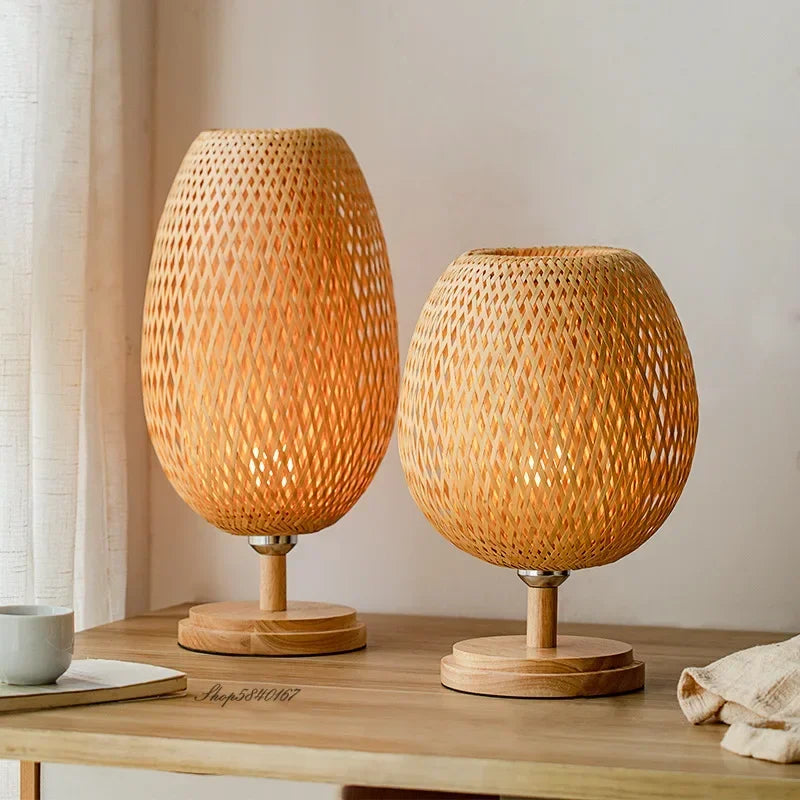 lampe de bureau vintage en bambou artisanale en bois naturel - vue 4 sur 14