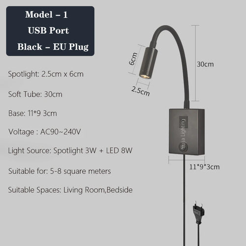 applique murale led moderne avec ports usb et interrupteur - vue 9 sur 22