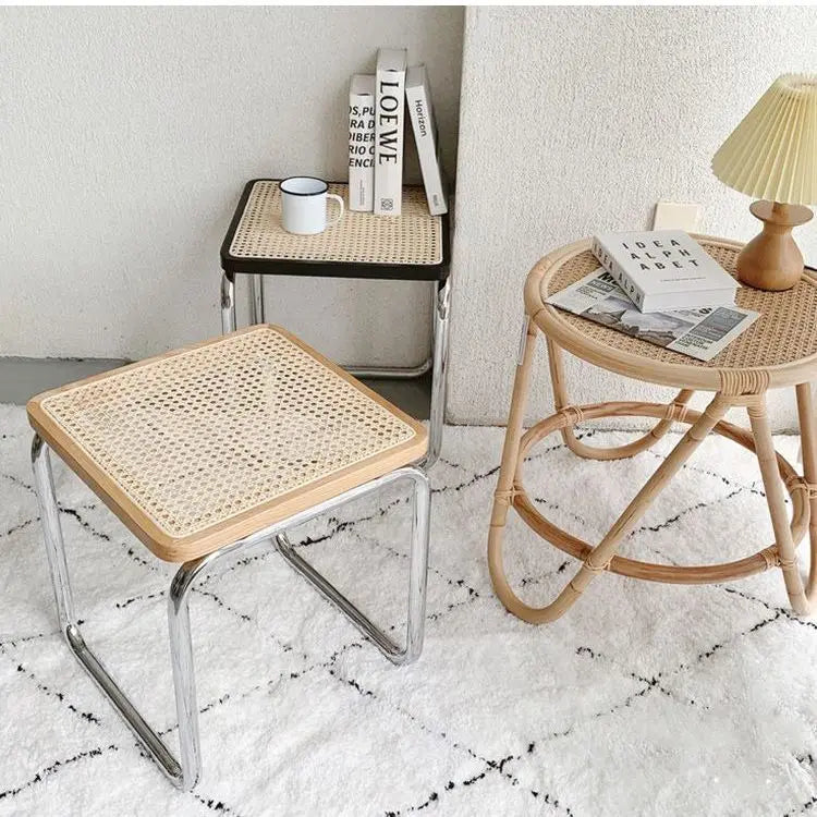 tabouret bas en rotin ancien style japonais pour salon ou entrée - vue 5 sur 11