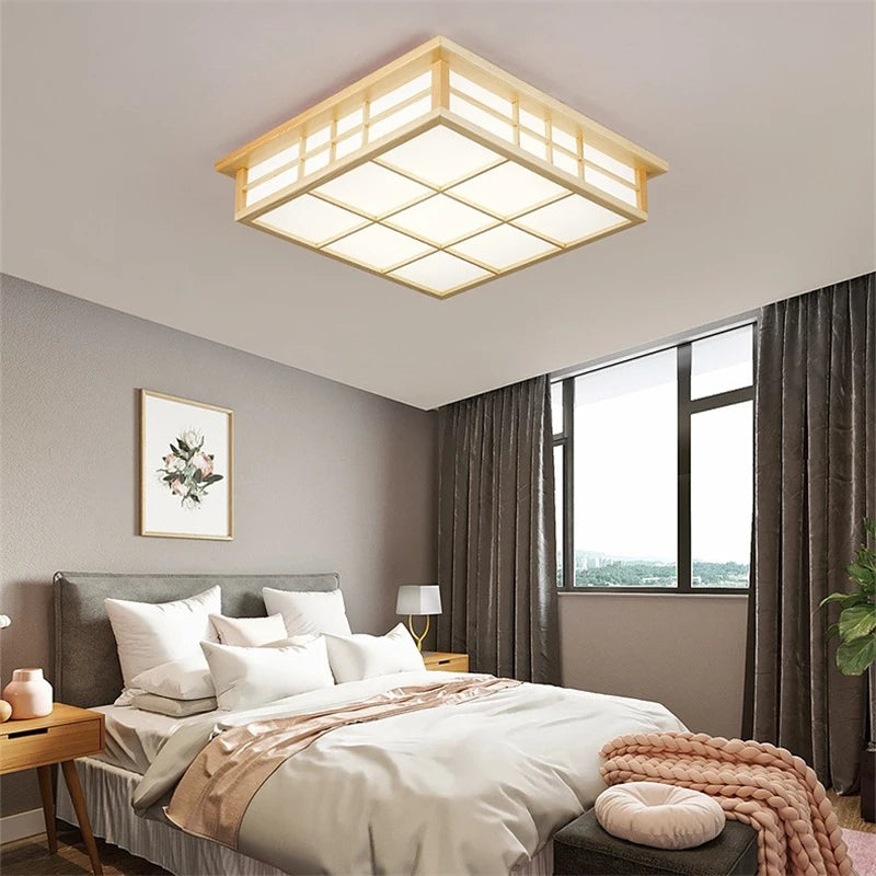 Plafonniers carrés en bois japonais salon moderne éclairage De plafond cuisine Restaurant luminaire LED lampara De Techo - vue 3 sur 7