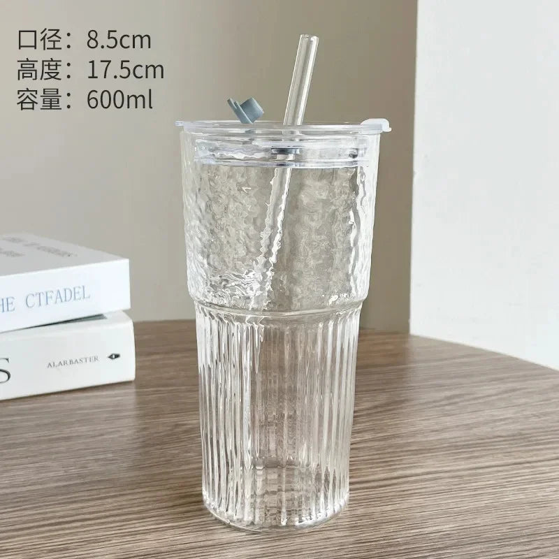 Gobelet verre rayé 600 ml avec couvercle paille - vue 7 sur 8