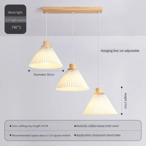 suspension moderne en tissu plissé avec base en bois - vue 9 sur 14