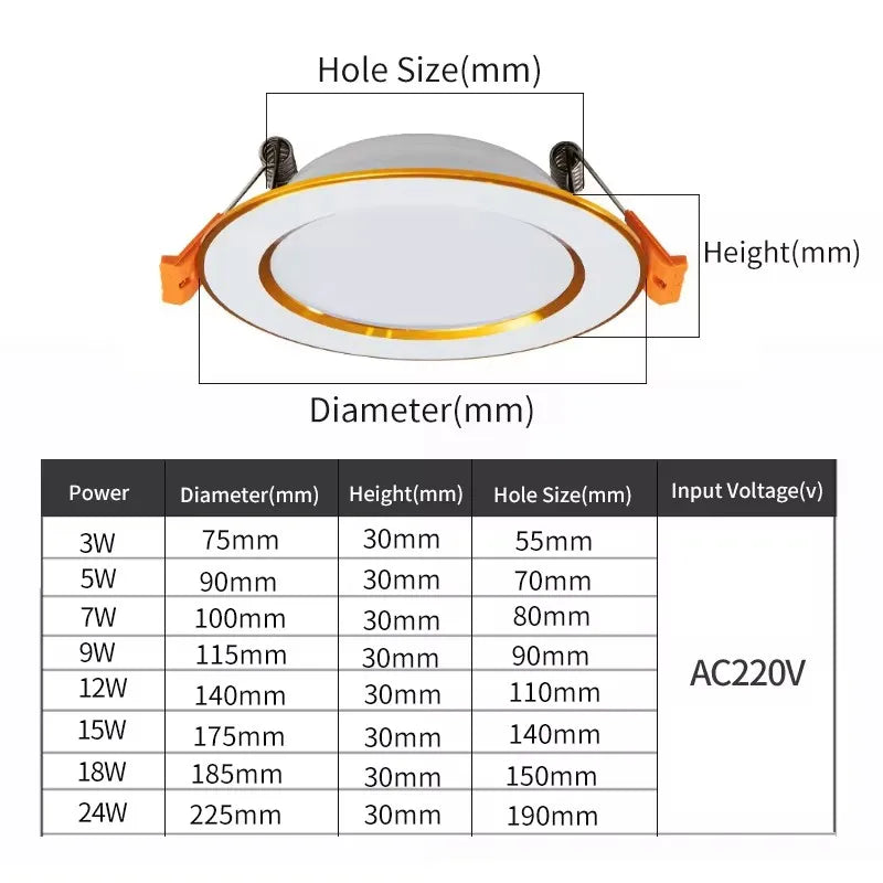 Luz descendente LED empotrada en el techo, lámpara blanca fría y cálida AC220V 3 colores de atenuación, 5W 7W 9W12W 15W 18W 24W