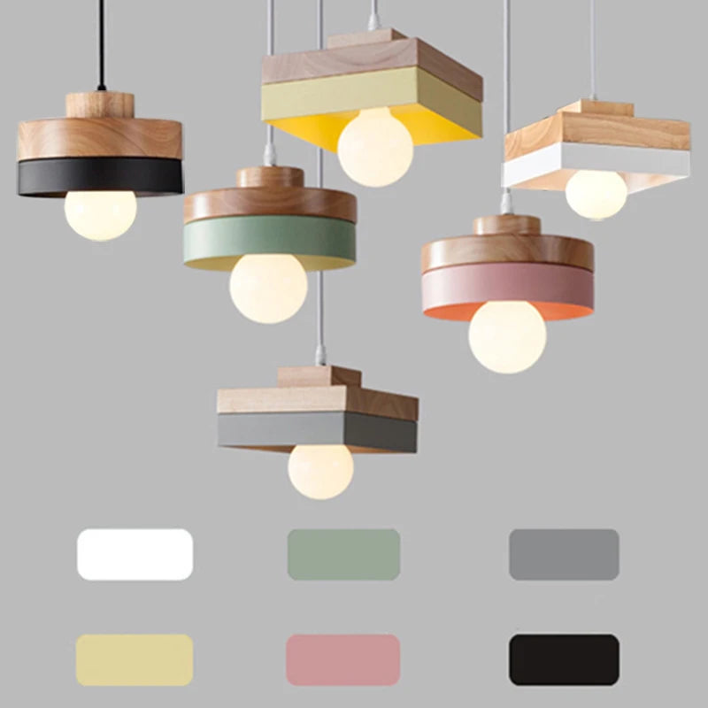 Nordique LED suspension en bois fer 18CM carré salon luminaire suspendu pour chambre salle à manger étude décor à la maison Luminaires