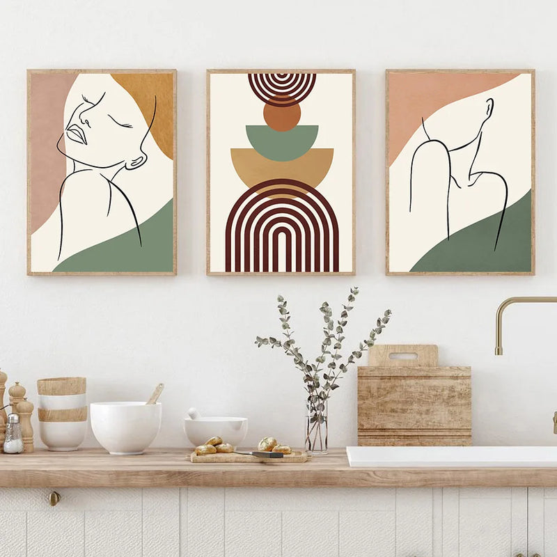 art mural abstrait avec cactus et fleurs géométriques boho