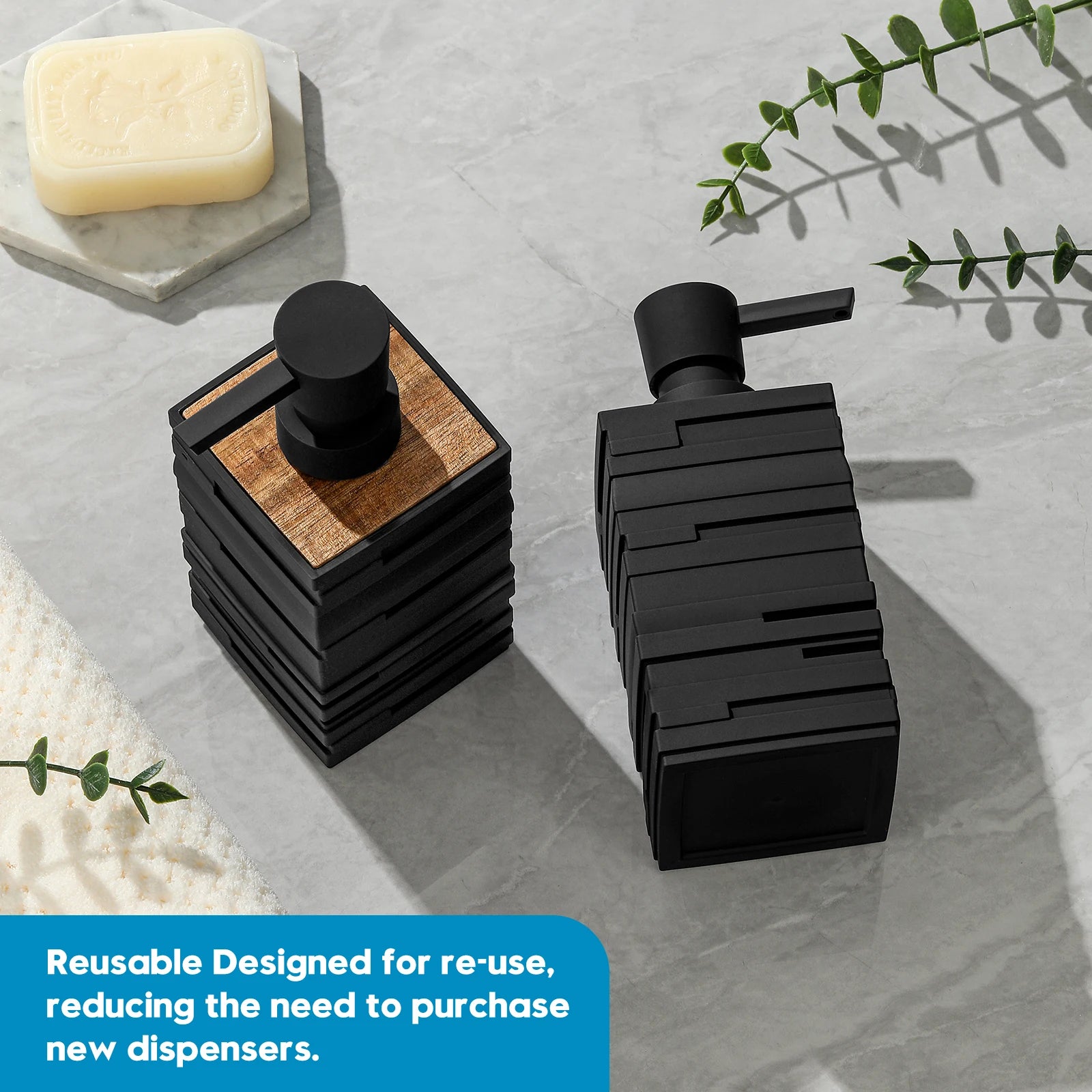 distributeur de savon noir mat avec décor en bois de teck grande capacité - vue 7 sur 6