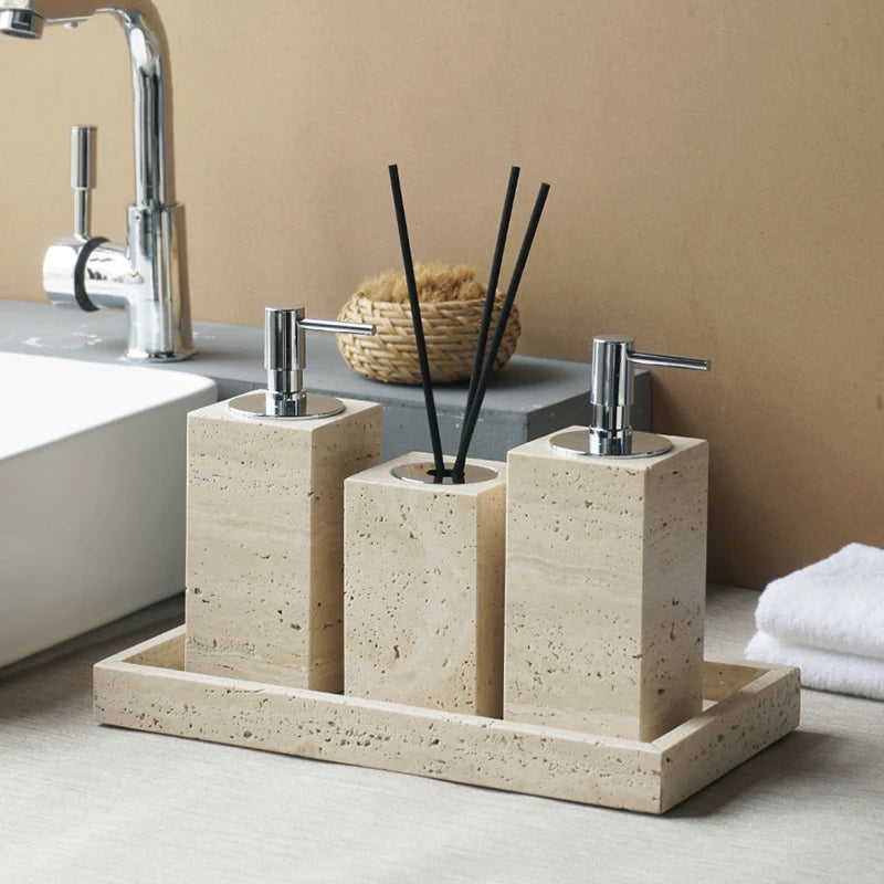 ensemble d'accessoires élégants en travertin pour la salle de bain - vue 5 sur 30