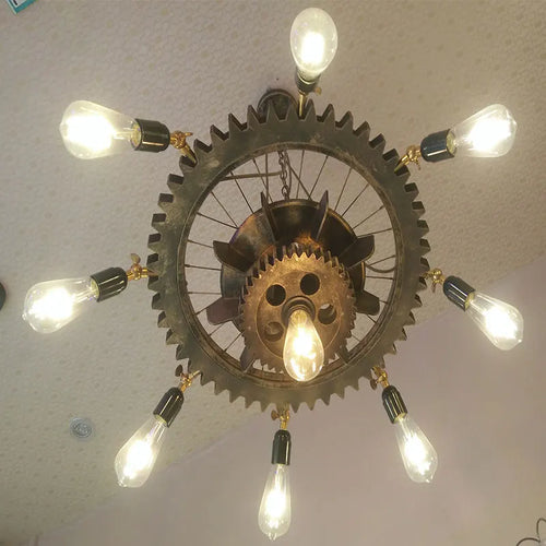 lustre industriel rétro créatif 9 têtes en bois pour loft restaurant café - vue 5 sur 9