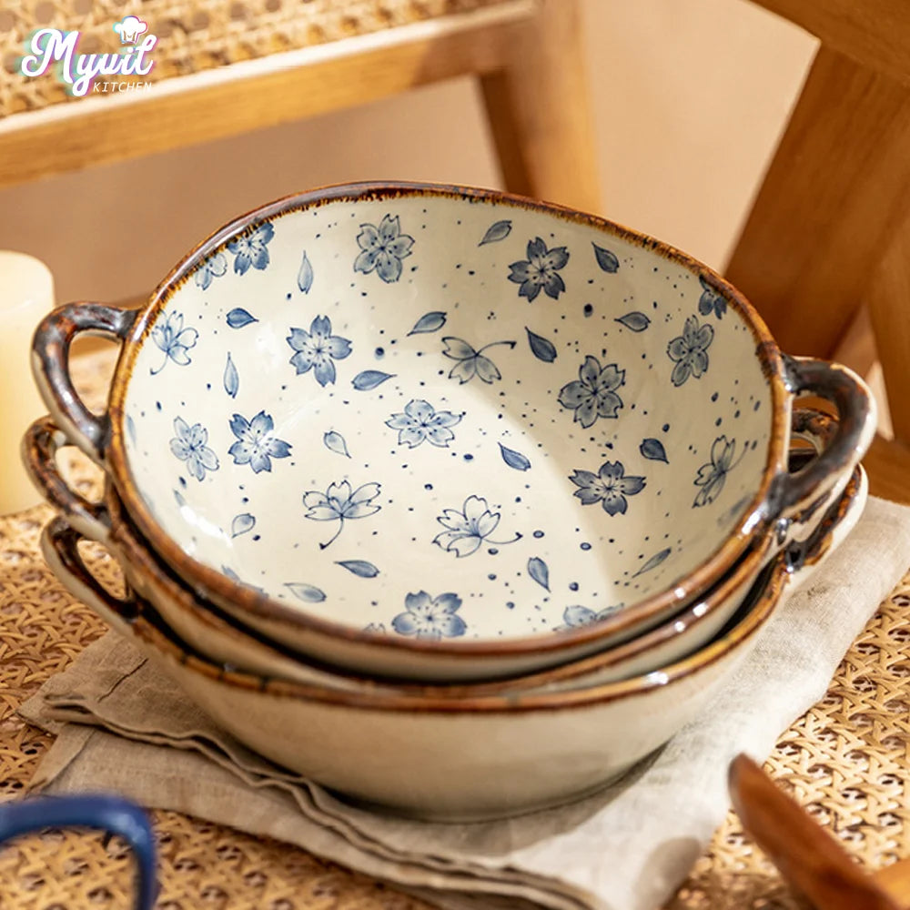 Bol japonais en céramique avec anse motif floral - vue 2 sur 7