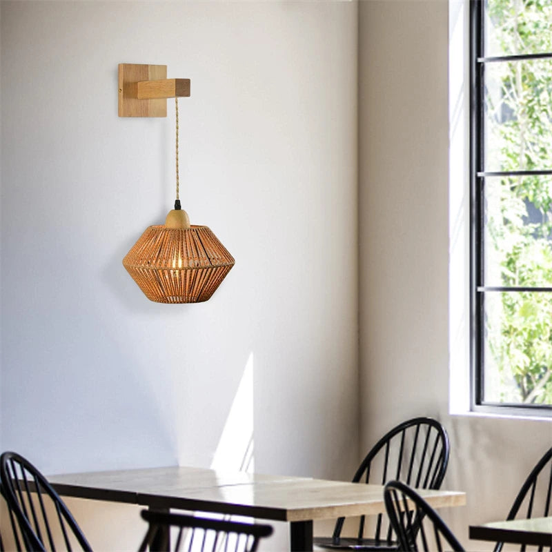 lampe de chevet rétro en rotin rétractable pour intérieur décoratif - vue 10 sur 11