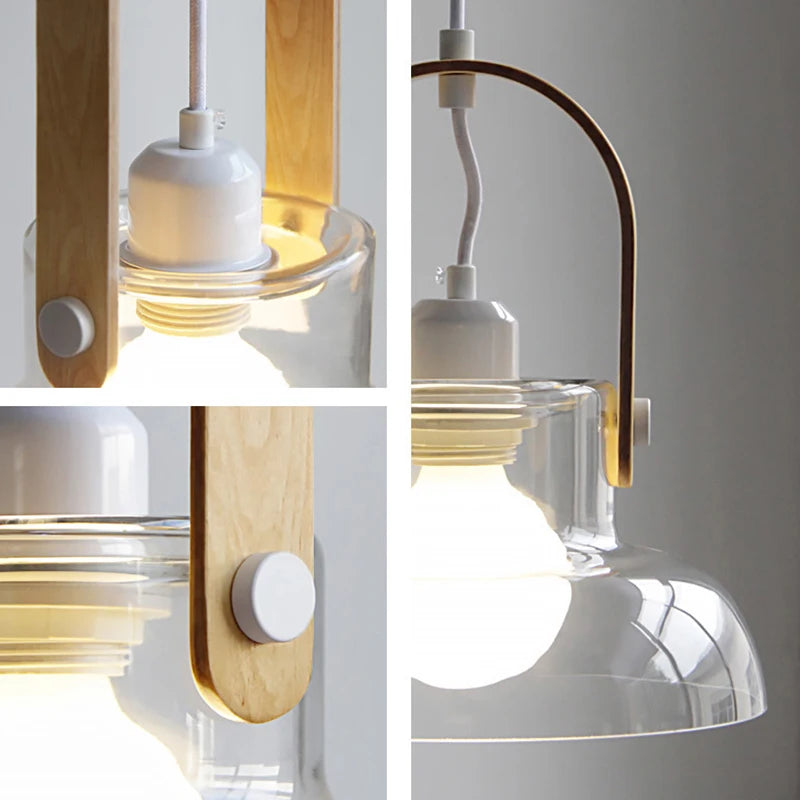 suspension moderne en verre transparent avec ampoule en bois - vue 4 sur 8