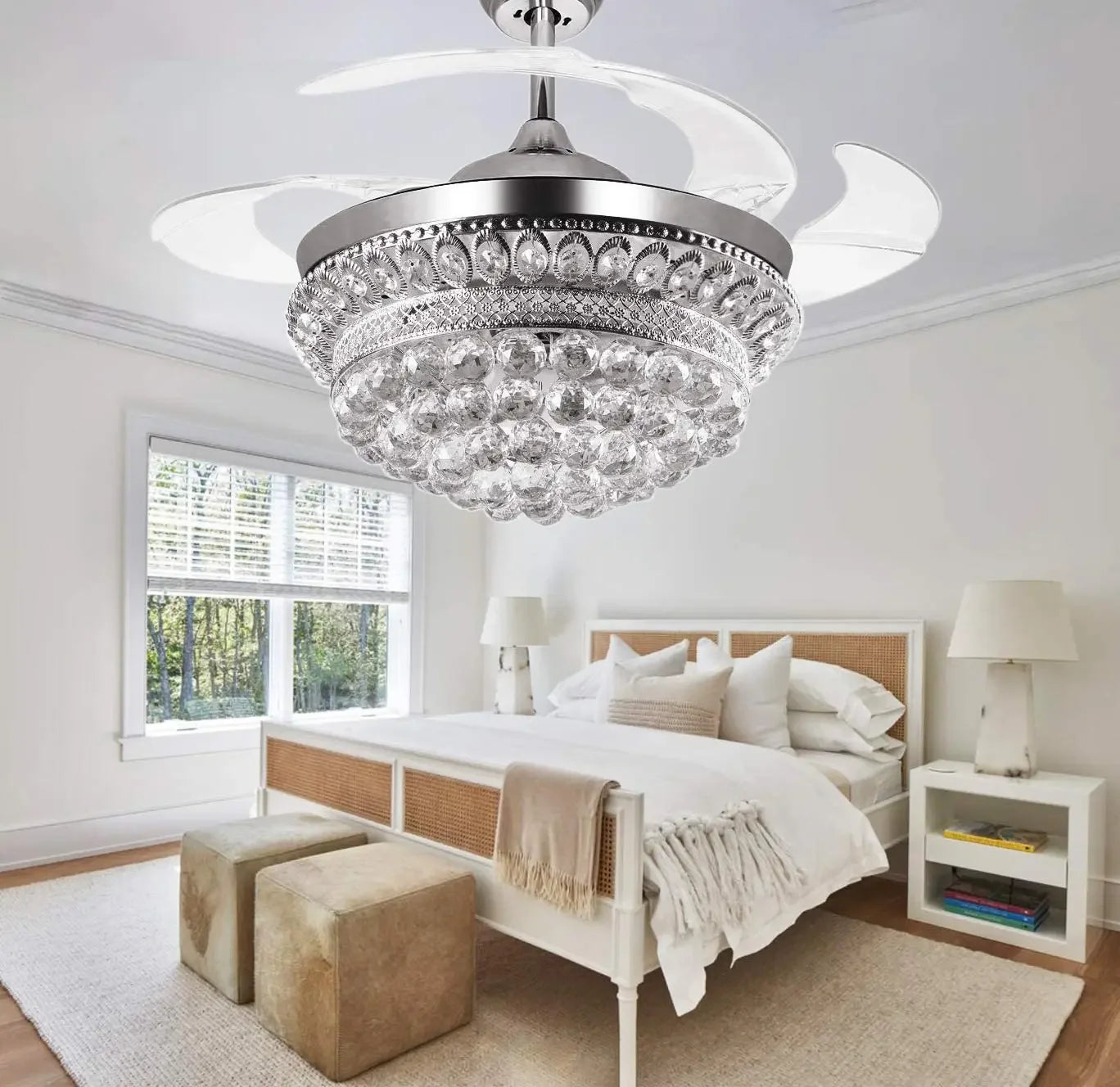 lustre ventilateur chromé en cristal avec lumière led changeante - vue 5 sur 8