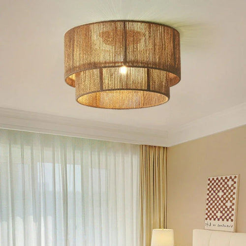 lustre rétro en rotin tissé pour décoration campagnarde chaleureuse - vue 2 sur 14