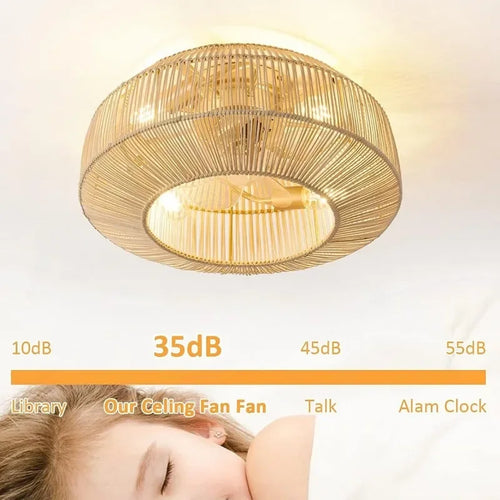 plafonnier ventilateur industriel avec lumière en bambou - vue 2 sur 7