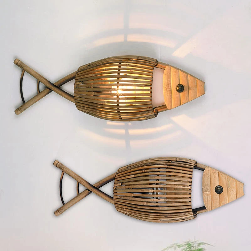applique murale décorative rétro en bambou tissé poisson pour café et hôtel - vue 3 sur 8
