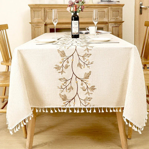 Nappe rustique brodée feuilles de café décor cuisine