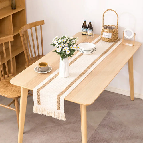 Chemin de table aspect lin motif carreaux decoratif - vue 4 sur 5
