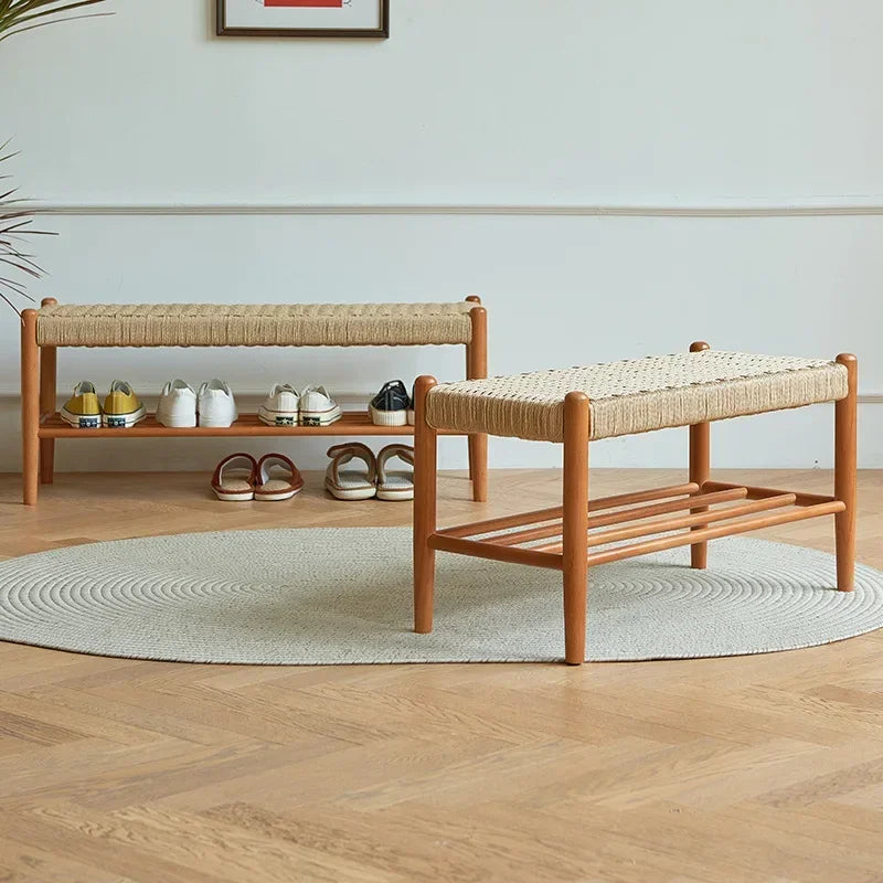 tabouret à chaussures en bois massif tressé en rotin style rétro moderne - vue 5 sur 9