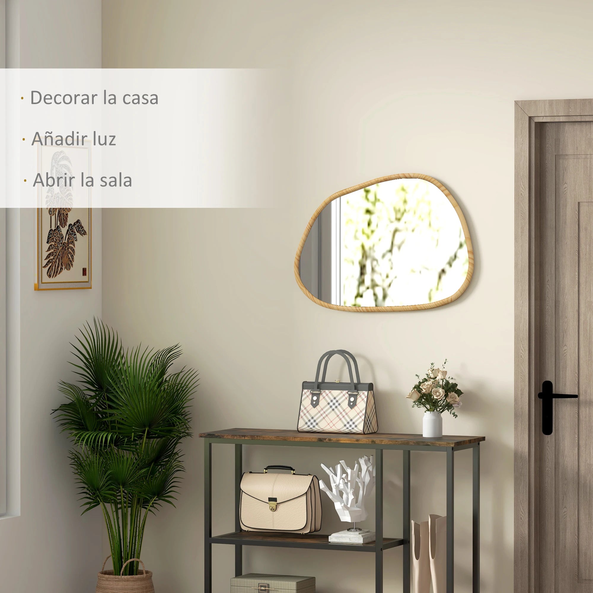 miroir mural homcom forme irrégulière avec cadre en bois naturel - vue 5 sur 7