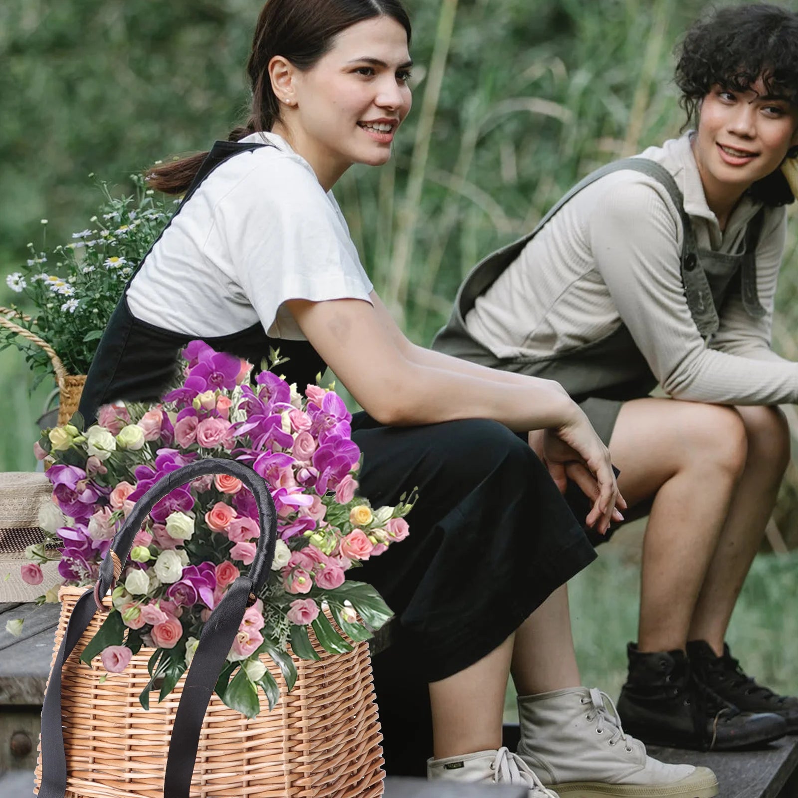 sac à main en paille avec panier à fleurs en rotin - vue 9 sur 8