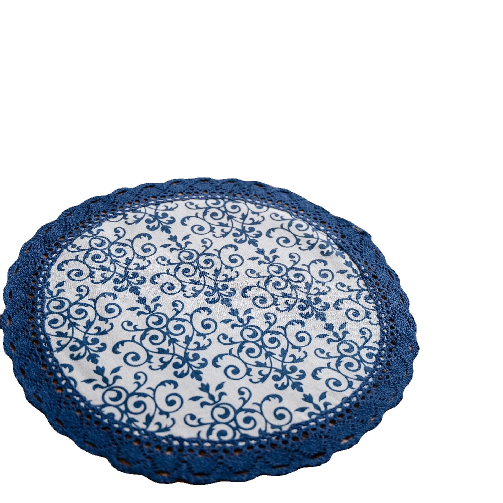 Chemin de table bleu marine dentelle porcelaine campagne - vue 5 sur 5