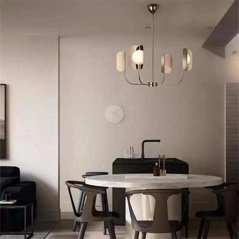 lustre design en verre laiteux avec feuilles métalliques - vue 5 sur 10