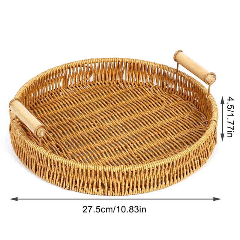 plateau de rangement en rotin tissé avec poignées en bois - vue 11 sur 11