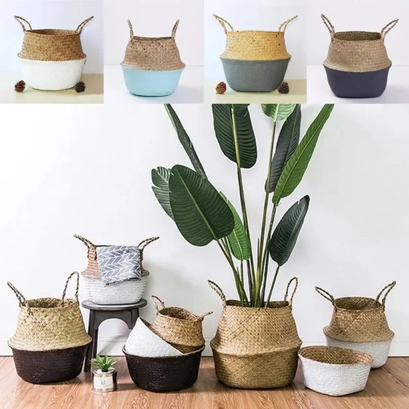 paniers de rangement pliables en rotin avec poignée pour divers usages - vue 3 sur 12