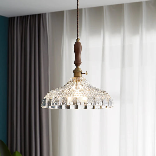 suspension luminaire moderne en bois verre et laiton - vue 2 sur 22