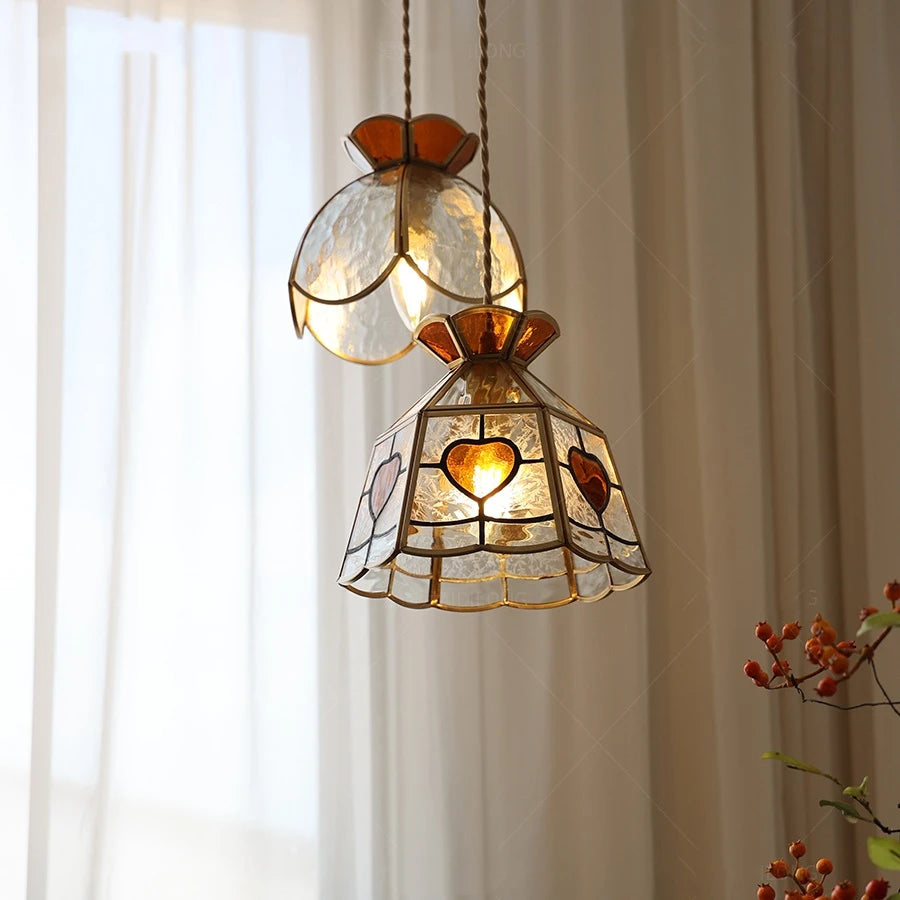 Suspension vintage en cuivre avec abat-jour en verre fait main - vue 6 sur 21