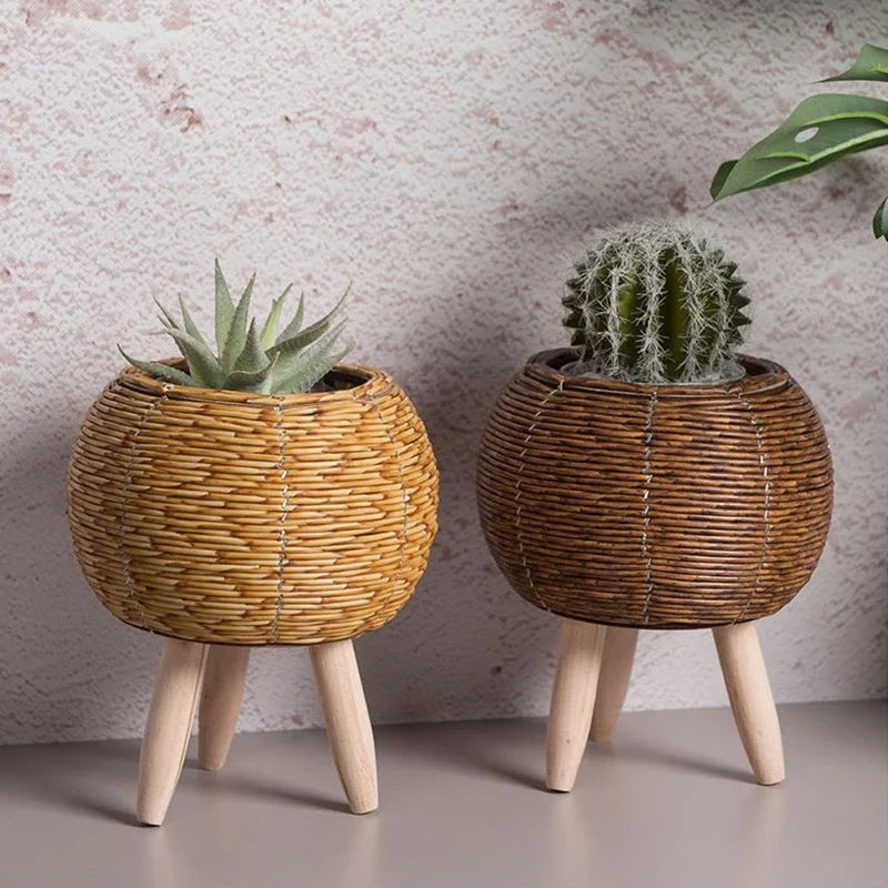 étagère à fleurs nordique imitation rotin avec pieds amovibles - vue 3 sur 12