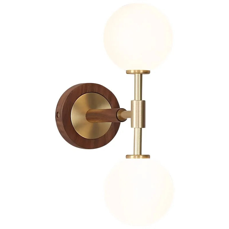 Walnut Wood Glass Sphere Brass, Wabi-sabi Simple Modern Vintage style, Wall Sconce lighting for Bedroom, Bedside, Dining Room - vue 6 sur 8