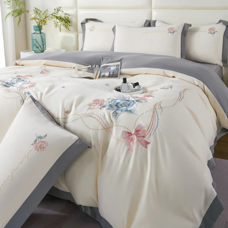 housse de couette 3 pièces élégante avec fleurs brodées