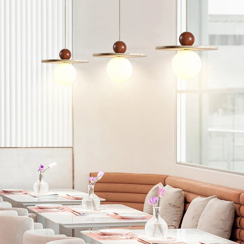 lustre rond en pierre et bois pour diverses utilisations - vue 4 sur 7