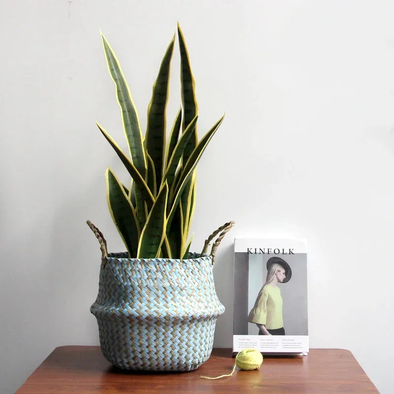panier de rangement en osier pliable fait main patchwork seagrass - vue 4 sur 9